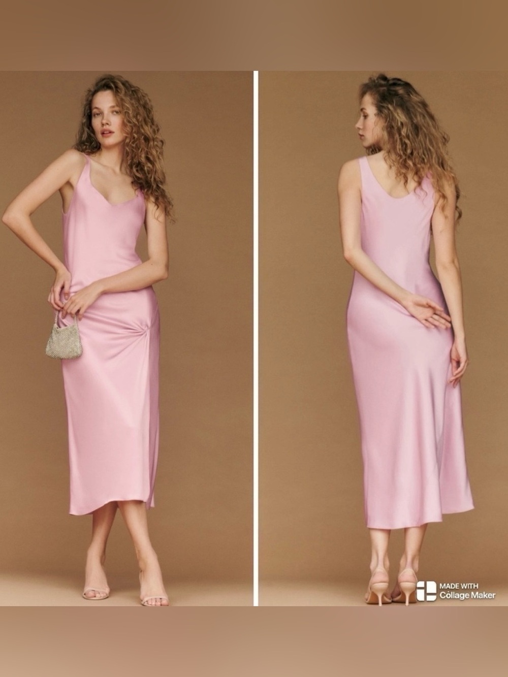 Reformation Bevin Satin Midi Slip Dress with Slit in Babygirl Pink